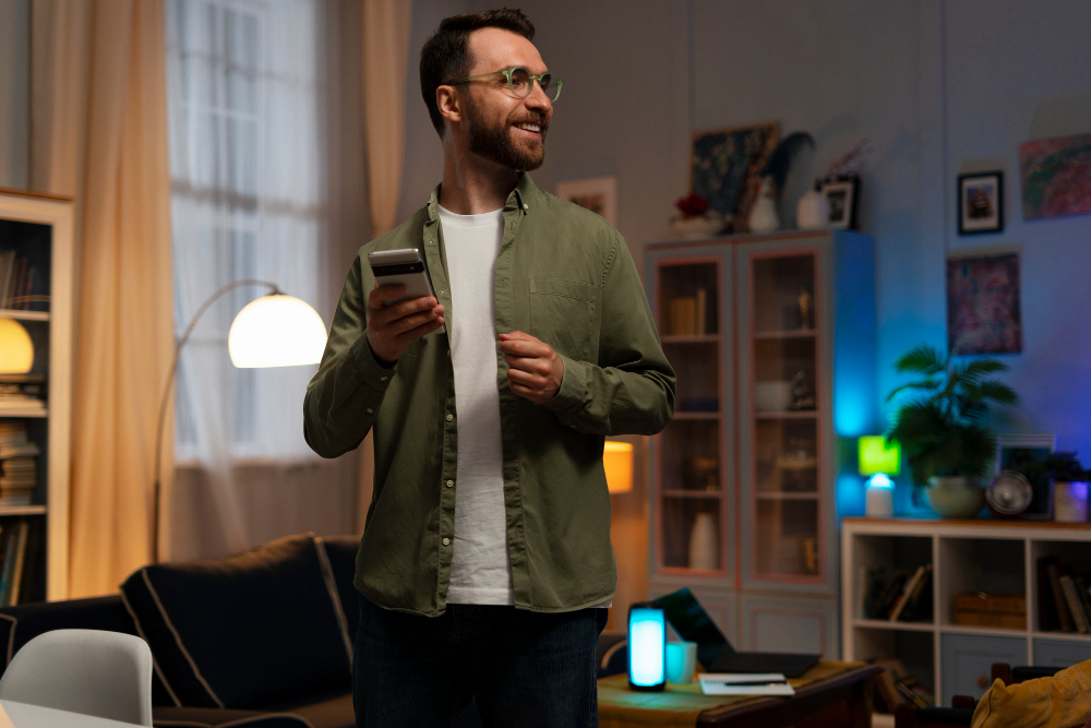 Ambiente residencial com iluminação inteligente controlada pelo celular
